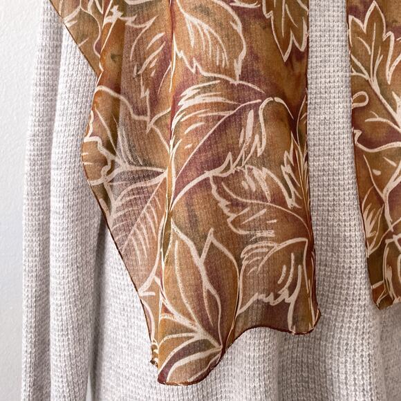 Vintage Semi Sheer Scarf Wrap Boho Fall Leaf Floral Earthy Brown Tan Green - Picture 5 of 6